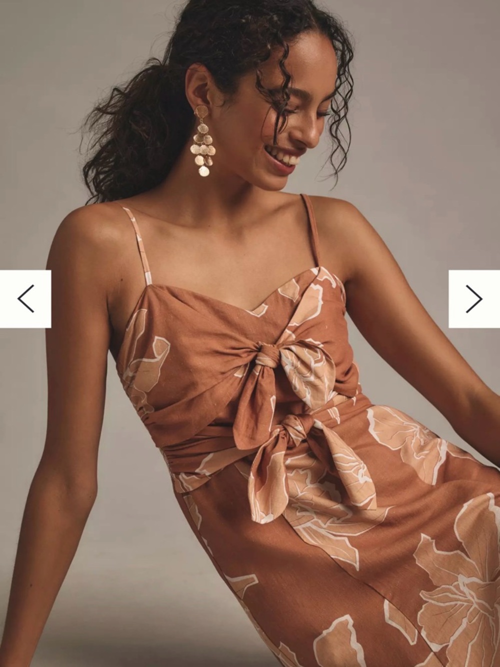 Floral Tie-Front Rust Midi Dress